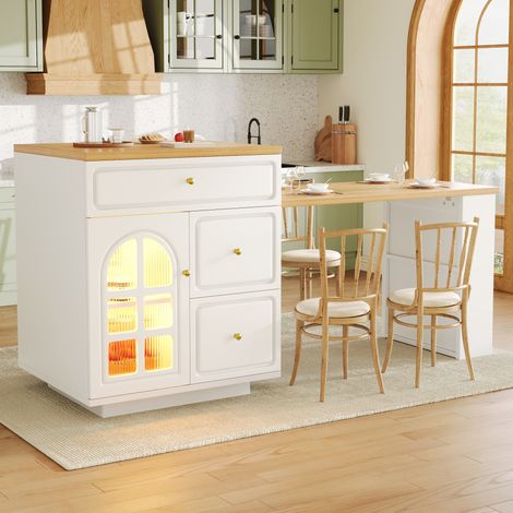 Meuble de bar avec LED RGB, Îlot de cuisine extensible 122,5-195,5x59x93,5 cm, 4 tiroirs, MDF blanc et verre (1/5)