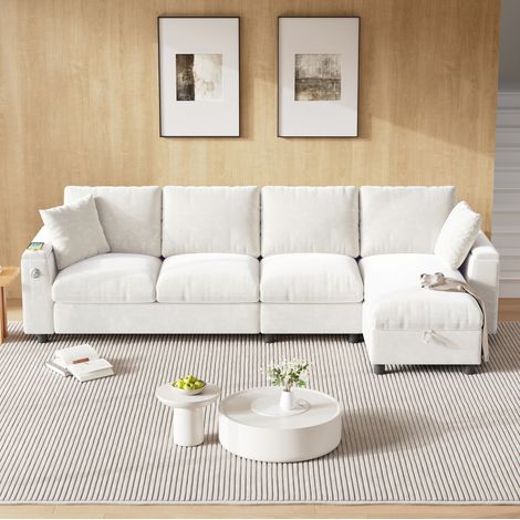 Ecksofa mit Schlaffunktion 280x137x84 cm beige Chenille mit Stauraum, USB/Typ-C und klappbarem Tisch (1/5)