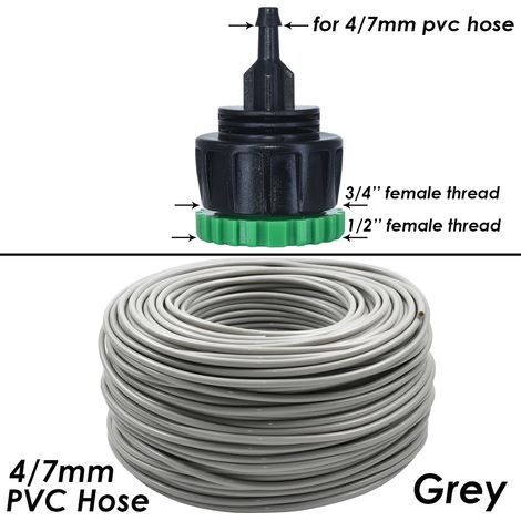Tuyau d'arrosage gris 4/7 mm (1/4'' - 10 mètres) avec raccord rapide pour micro-irrigation goutte à goutte, en PVC neuf, pour serre. (1/5)