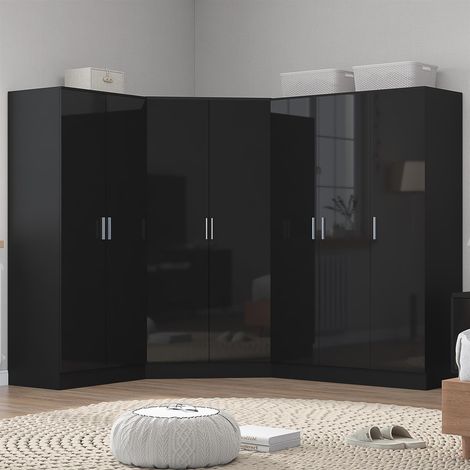 Reflect 4pc Wardrobe Bundle - 2 Door Corner + 3 Door Plain + 2 Door Plain - Black Gloss & Black Oak