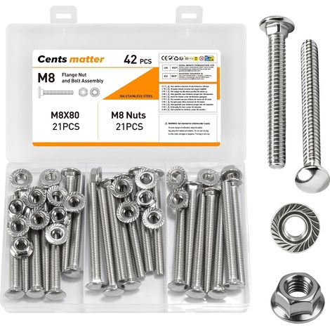 Lot de 42 vis de serrure M8 x 80 mm en acier inoxydable avec écrous à bride hexagonale, vis à tête ronde plate avec col carré, vis de serrure à tête ronde plate avec écrous (M8) (1/5)
