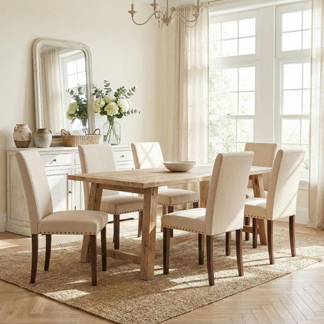 Esszimmerstühle 6er Set, Leinen, Nieten, Massivholzbeine, Beige (1/5)