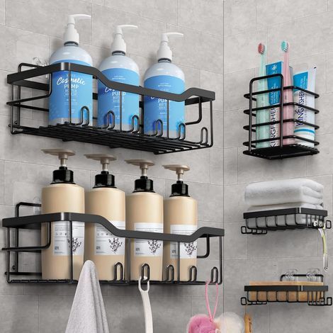 No-drill shower shelf, 5 pieces, 304 stainless steel bathroom accessories, black (1/5)