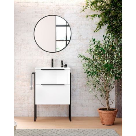 Mueble Baño al Suelo con Lavabo Cerámico  2 cajones con Cierre Amortiguado y Organizador  60 cm Blanco Brillo (1/5)