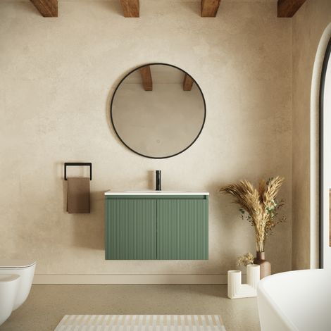 Meuble de salle de bain suspendu 60 cm à deux portes vert forêt cannelé avec lavabo Pelion (1/4)