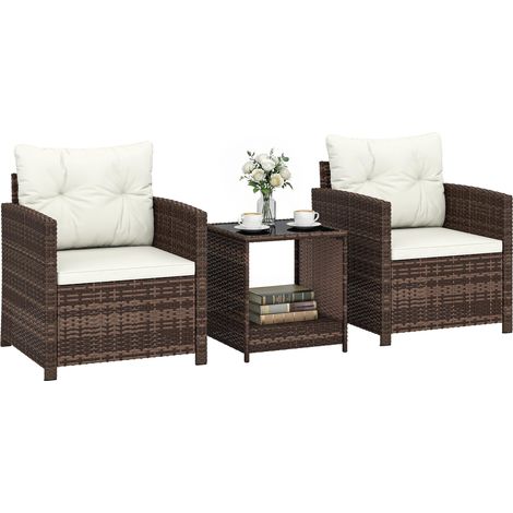Ensemble bistro en rotin, ensemble de mobilier de jardin 3 pièces comprenant 2 fauteuils, une table en verre à 2 niveaux, des coussins d'assise amovibles, blanc crème