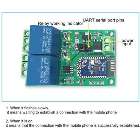 Module de relais 2 canaux, carte Bluetooth, application de commande à distance avec indicateur lumineux, DC 12V (1/4)