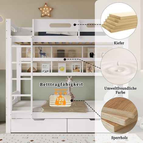 Lit superposé enfant avec barrière de sécurité, 2 tiroirs coulissants, étagère ouverte, échelle 5 marches, grand rangement, pin+MDF, blanc, 90x200 cm (1/5)