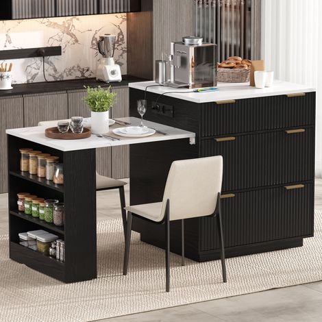 Isla de cocina con mesa de comedor extensible - 127,5-205x67x92 cm - Carrito de cocina con luces led y enchufes mdf estilo moderno - Negro (1/5)