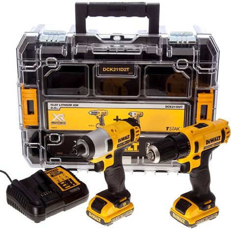 Dewalt – Pack de 2 outils électroportatifs 18V – Perceuse DCD710 avec mandrin 10mm – Visseuse à chocs DCF815 107Nm – 2 batteries 2,0Ah et coffret TSTAK