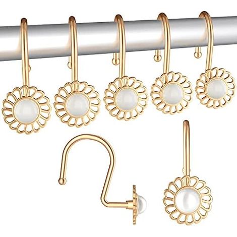 Ganchos decorativos para cortina de ducha, 12 ganchos metálicos, anillos inoxidables con forma de flor y perlas para barras de cortina de baño - Dorado