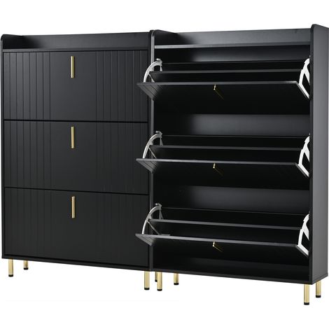 Set di 2 scarpiere strette con 3 ante ribaltabili, 6 scomparti, MDF, nero, 80 x 23,5 x 123,5 cm (1/5)