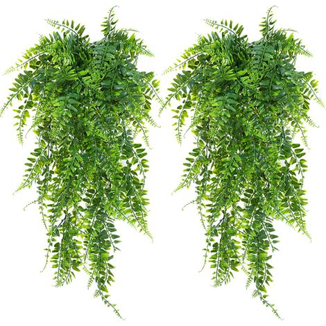 Lot de 2 fougères artificielles suspendues en plastique vert, fausses plantes à suspendre au mur pour la décoration de jardin et de mariage (1/5)
