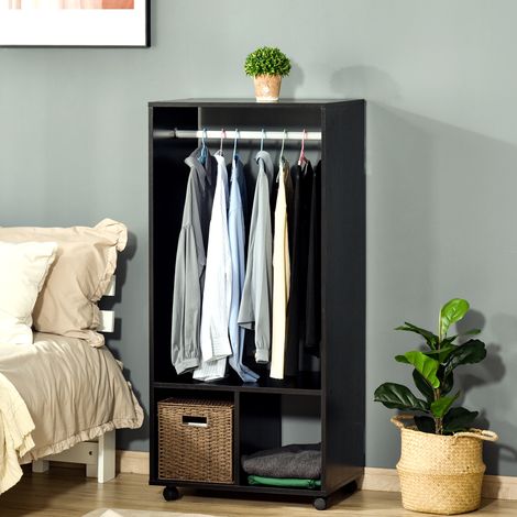 Kleiderschrank mit Regalböden, 2 Hängenischen, 4 Lenkrollen, Maße: 60 x 40 x 128 cm (L x B x H), Schwarz (1/5)