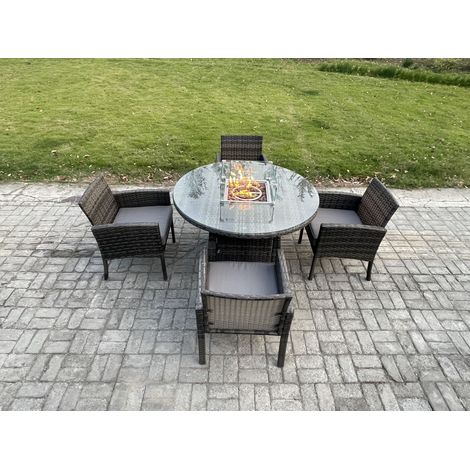 Fimous Outdoor Rattan Garden Furniture Set Gas Fire Pit Round Table Sets Gas Heater with 4 Seater Dining Cahirs Dark Grey Mixed (1/5)