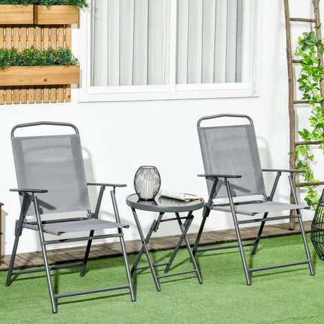 3-teiliges Gartenmöbelset mit 2 Klappstühlen (53,5 x 64 x 93 cm) und Couchtisch (Ø 45 x 50 cm), hellgraues Metall-Gartenmöbelset