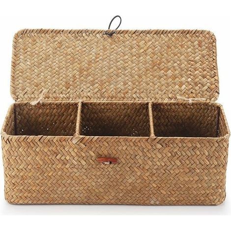 Panier Rangement Jonc de Mer avec Couvercle Rectangulaires Malle en Osier avec Compartiment pour Organiser des Jouets de Collation en Papier Toilette (1/3)