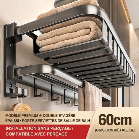 Porte-serviettes mural modèle amélioré à double pliage avec panier grillagé et crochets 60 cm aluminium 61 × 24 × 19 cm 3 kg – Livraison gratuite (1/5)