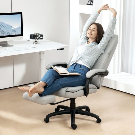 Chaise de bureau ergonomique massante, inclinable et repose-pieds, similicuir gris clair (1/5)