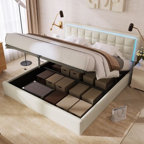 Cama Arcón 180×200 cm, Cama Doble con LED Regulable, Cabecero Acolchado y Pistones Hidráulicos, sin Colchón, PU Blanco