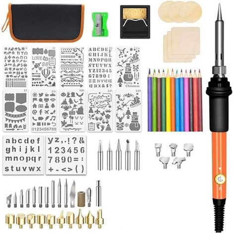 Pyrograveur Sur Bois, Kit de Combustion du Bois, 60W avec Contrôle de La Température, Stylo à Bois, Outils de Gravure, Conseils de Gravure Sur Bois, Conseils de Soudage, Pochoir, Sac de Rangement (1/4)