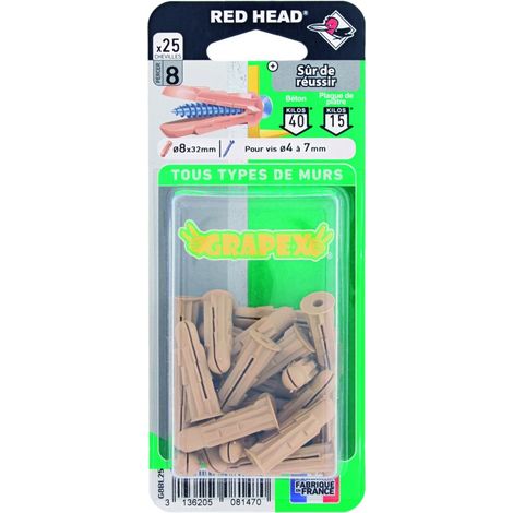 Juego de 25 tacos CABEZA ROJA, Diam.8 x L.32 mm RED HEAD