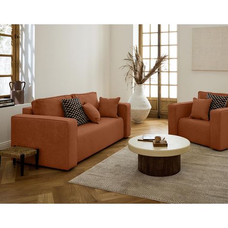 Bestmobilier – Canapé droit 2 places en tissu 100% polyester – Couleurs terracotta – Design compact pour petits espaces – Coussins déhoussables inclus