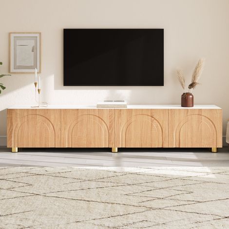 Meuble TV bas 180x35x40 cm, 4 portes à relief en arc 3D, rangements fermés, pieds en métal, MDF et panneaux de particules, blanc et effet bois (1/5)