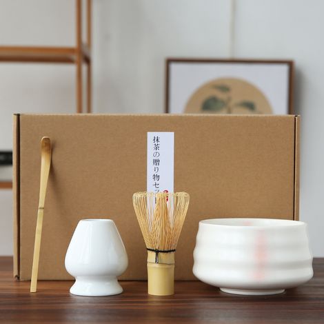 Service à thé matcha japonais - Service à matcha - Fouet à matcha - Service à thé matcha - Ensemble en céramique de 4 pièces - Dégradé rose et blanc (1/5)