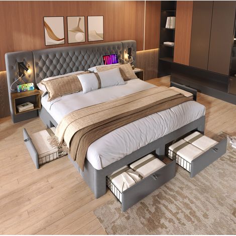 Letto matrimoniale in velluto grigio 160x200 cm con 2 comodini, 4 cassetti, luci lettura USB e Type-C (1/5)