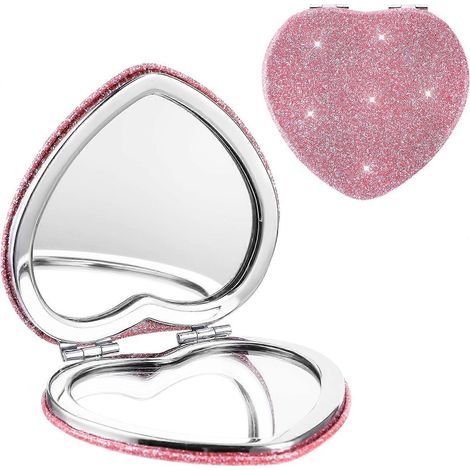 Miroir de poche compact en forme de cœur, miroir double face portable avec grossissement 1x/2x, mini miroir de poche mignon pour sac à main ou portefeuille. (1/5)