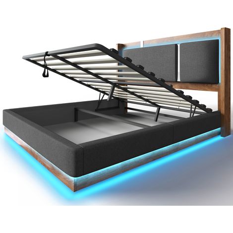 Lit double 160 x 200 cm en lin gris avec sommier Ă lattes, LED et coffre hydraulique (1/5)
