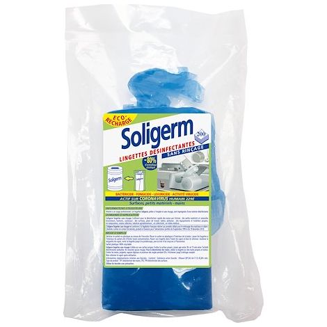 Lingettes désinfectantes pour cuisine et mains Soligerm - Recharge de 200