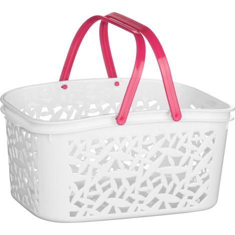 Premier Housewares White Plastic Storage Basket / Made Using Polypropylene/ Crisp Hot Pink Handle/ Laundry Basket/ Hamper Box/ Washing Baskets 19 x 14 x 28 (1/2)