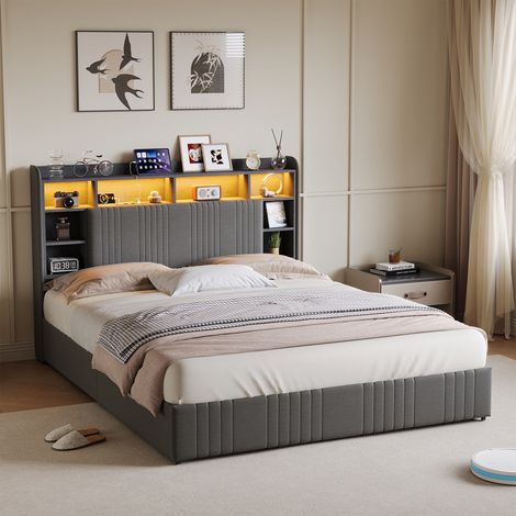 Letto con cassetti 160x200 cm con testiera contenitore e LED moderno - lino - grigio