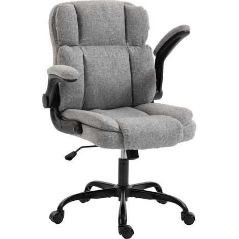 Sedia Ufficio Girevole con Braccioli Ribaltabili, Altezza Regolabile, Dondolo in Tessuto Effetto Lino, Grigio (1/5)