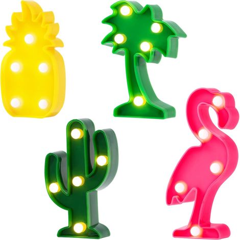 Guirlandes lumineuses hawaïennes - Lot de 4 mini lampes LED en forme de flamant rose, cactus, ananas et palmier - Décorations pour une fête tropicale, veilleuses de bureau, de table ou murales, pour c (1/5)