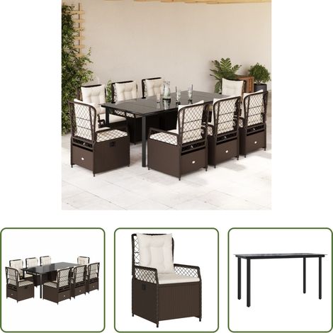 Gartenstuhl - 9-tlg. Garten-Essgruppe mit Kissen Braun Poly Rattan (1/5)