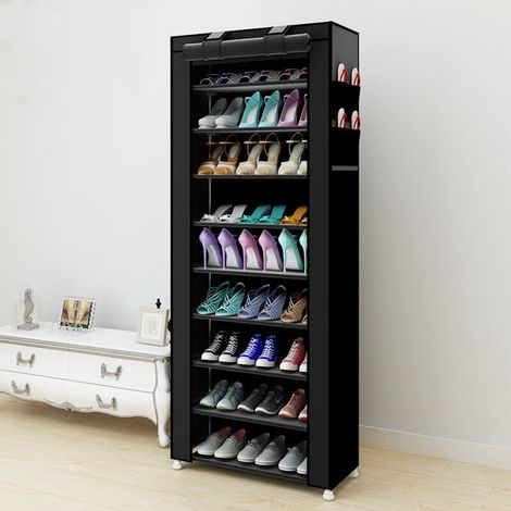 Armoire étagères à chaussures 10 couches Noir 60 x 30 x 160cm, Tubes métalliques (1/2)