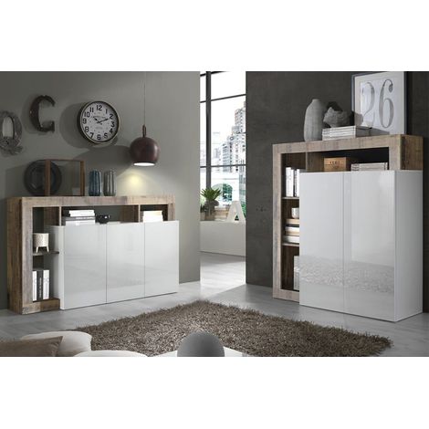Altobuy – Ensemble buffet 3P – Meuble bar blanc laqué – Niches aspect bois vieilli – Buffet 146 x 42 x H93cm – Rangement 108 x 42 x H127cm