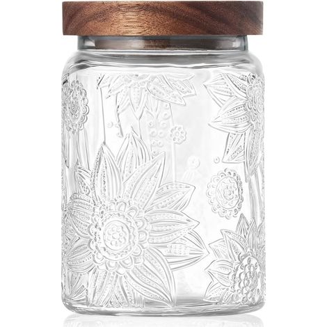 Bocal en verre vintage avec couvercle en bois – Boîtes hermétiques pour comptoir de cuisine, salle de bain, rangement de bonbons, biscuits, café, apothicaire, sucre, farine, friandises (1/5)