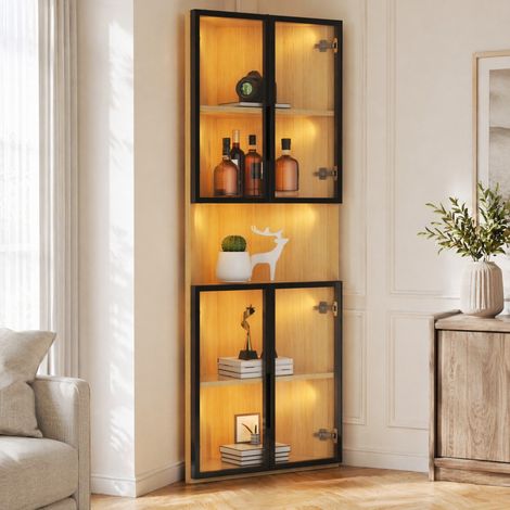 Vitrine d’angle LED en verre 62 x 32 x 160 cm effet chêne OKWISH (1/5)