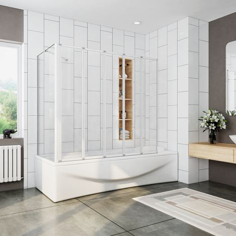 Mamparas de Bañera Biombo Plegable Cristal 4mm Gris Mate - 5 hojas plegable+lateral fijo 120x70x140cm (1/5)