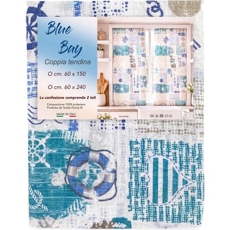 Coppia Tendine a Vetro Blu Bay Semitrasparenti in Bouclè con Tunnel per Astina – 2 Teli Made in Italy COPPIA (2 TELI) CM. 60X150