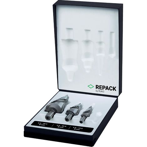Coffret de 3 forets coniques étagés HSS 101 diamètre 4 à 12 - 4 à 20 - 4 à 30 mm coffret repack - RUKO GMBH (1/4)