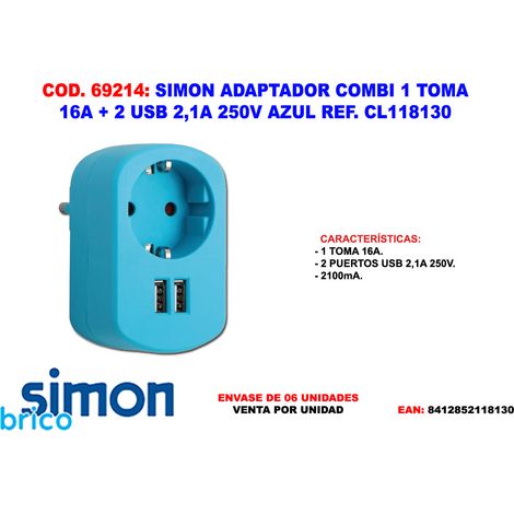 Adaptateur Combi 1 Prise 16A + 2 USB 2,1A 250V Bleu CL118130