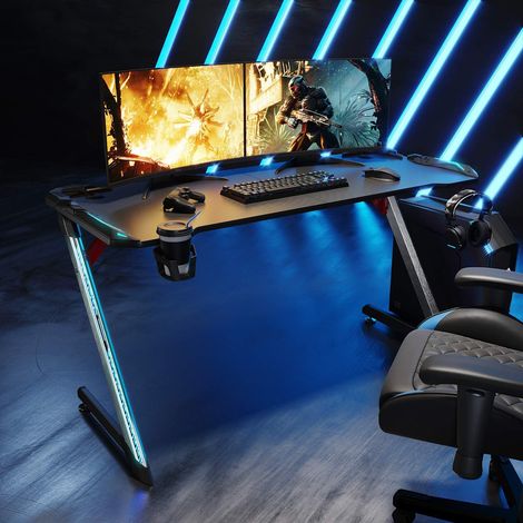 Gaming Tisch SONNI LED Computertisch Schwarz 140x60x75cm Carbon Ohne Mauspad (1/5)