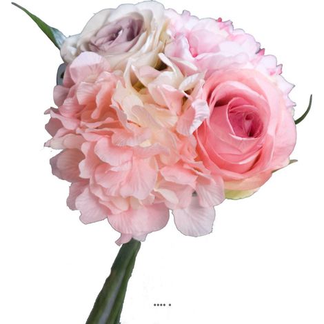 Bouquet de Roses et Hortensias artificielles Rose 4 têtes D 20 cm - couleur: Rose pâle