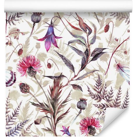 Papel pintado de flores de pradera en acuarela para salón y dormitorio, 50x1000 cm. (1/5)