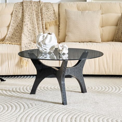 Table basse ronde en verre - Ø 80x42.2 cm - Salon et bureau avec cadre en bois noir - Style moderne - Noir et Transparent (1/5)